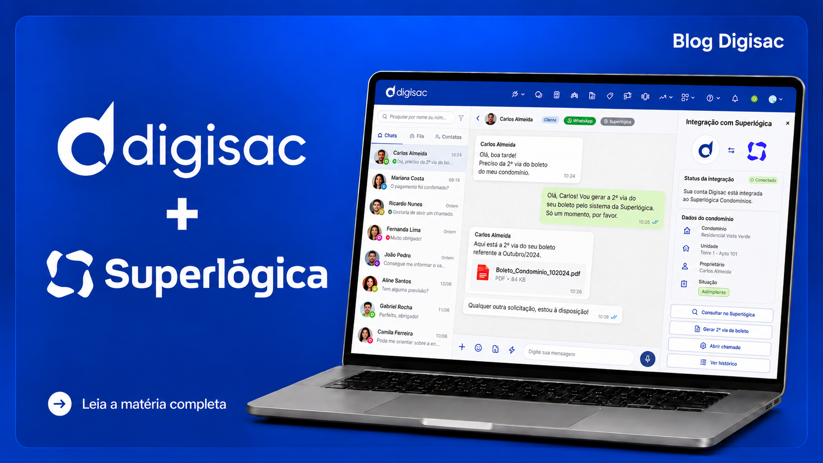Integração Digisac e Superlógica Condomínios: automatize boletos e chamados no atendimento