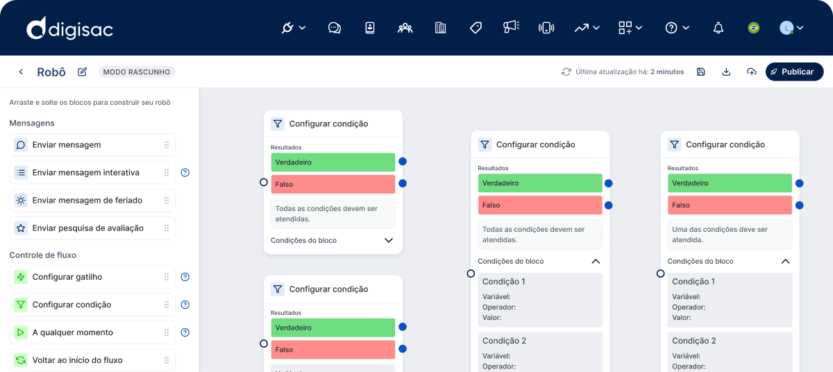 Interface de criação de chatbot sem código